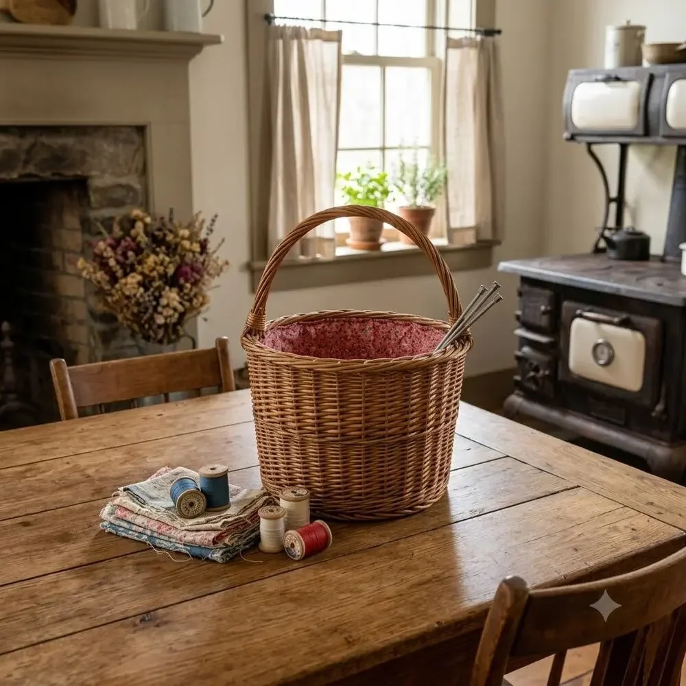 Vintage Woven Wicker Gathering Basket with Calico Drawstring Liner Sewing 18